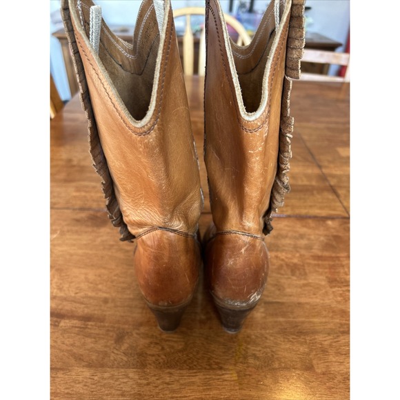 Vtg Benoit Dalve Womens Cowboy Western Leather Fringe Heel Boots Tan Romania 7.5 - Picture 12 of 15